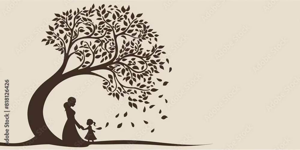 Fototapeta premium The vector image shows a mother and her daughter sitting under a tree.