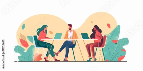 Three business people sitting at table and working on laptop.
