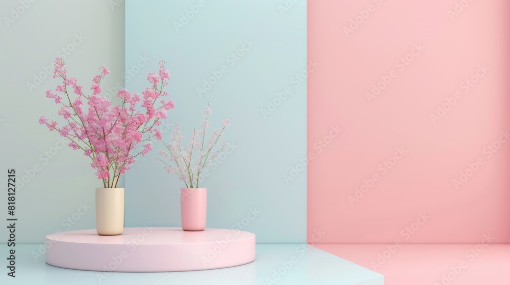 A vase with a pink flower in it sits on a pedestal in front of a pink wall A vase with a pink flower in it sits on a pedestal in front of a pink wall