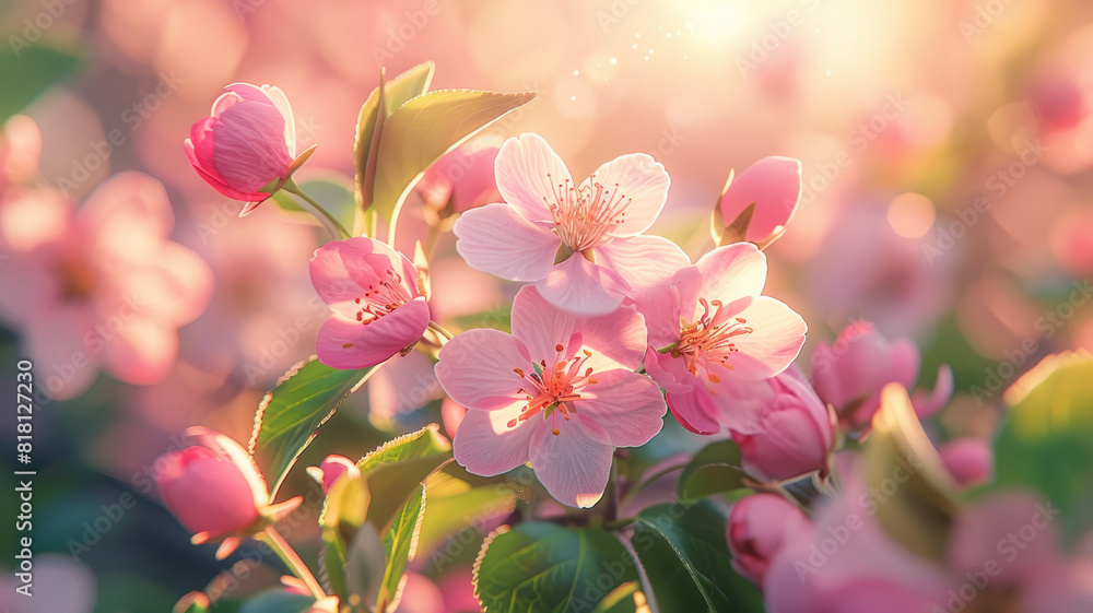Pink cherry blossoms in sunlight with soft focus background.