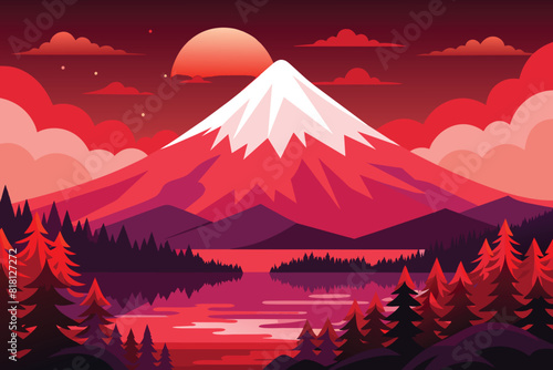 Japan Mount Fuji  autumn season  clear cloudy red sky at dusk  red forest  lake and mountains  moon. Japan nature landscape vector illustration