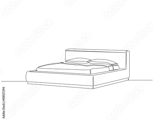 Continuous one line drawing of double bed with pillows. One line drawing illustration of bed. Interior of bedroom concept continuous line art. Editable outline.
