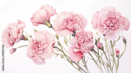 The image shows a bouquet of pink carnations  watercolor