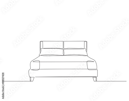 Continuous one line drawing of double bed with pillows. One line drawing illustration of bed. Interior of bedroom concept continuous line art. Editable outline.