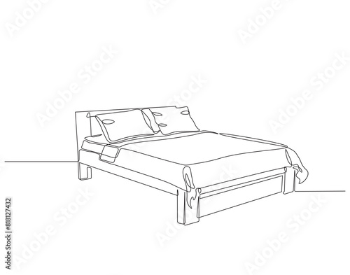Continuous one line drawing of double bed with pillows. One line drawing illustration of bed. Interior of bedroom concept continuous line art. Editable outline.