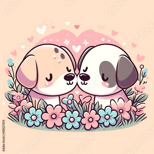 Two dogs in a flower garden realistic used for printing illustration meaning.