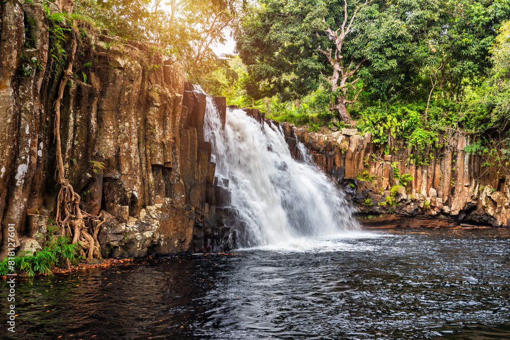 Fototapeta premium Rochester falls on the island of Mauritius. Waterfall in the jungle of the tropical island of Mauritius. Hidden treasure Rochester falls in Mauritius Island. Rochester Falls in Souillac Mauritius.