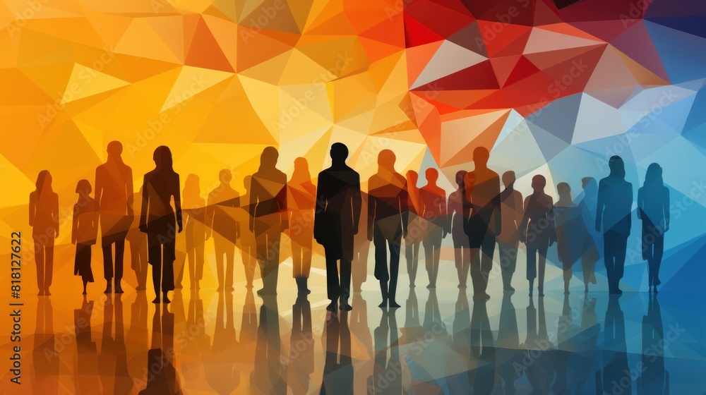 Diverse Group of People Silhouettes Standing Together With Abstract Geometric Background Diverse Group of People Silhouettes Standing Together With Abstract Geometric Background