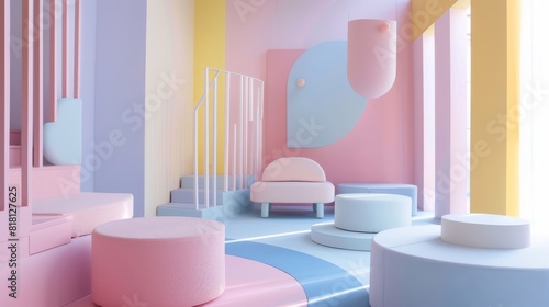 A colorful room with a pink chair and a blue couch