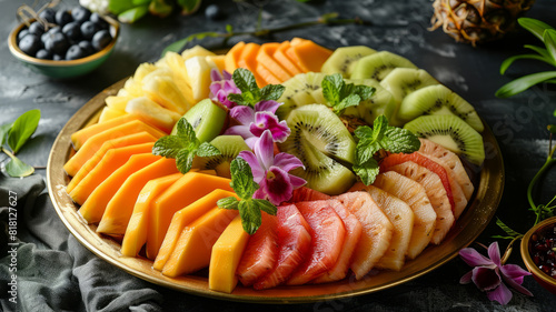 A colorful fruit platter with kiwi, papaya, and dragon fruit slices.