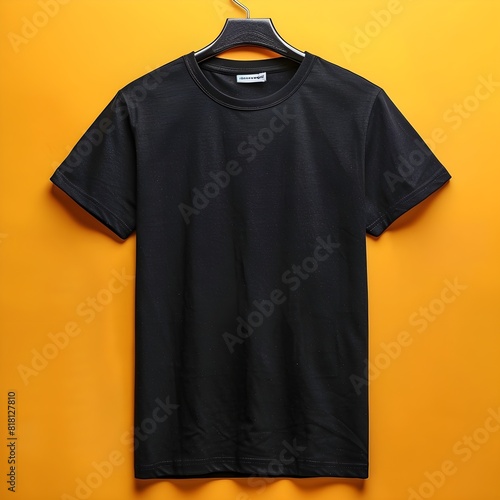 black t-shirt mockup yellow background , on a hanger ,blank t-shirt template
