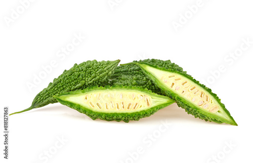 bitter melon or half of Bitter gourd (Momordica charantia L.) isolated on white background.