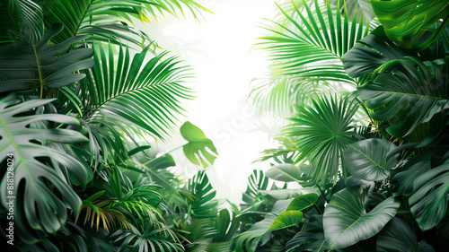 A vibrant assortment of tropical foliage with various shapes and shades of green  presented against a pure white background..