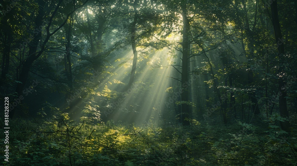 The sun is shining through the trees, casting a warm glow on the forest floor The sun is shining through the trees, casting a warm glow on the forest floor
