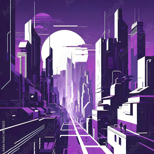 epic metropolis panorama composition in art deco style  vector illustration  modern city with street  color purple