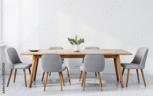 Minimalist dining setup with wooden table and grey chairs.