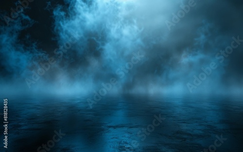 Misty blue haze over a dark, illuminated surface.