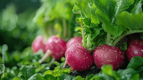 A close-up of freshly harvested radishes with their greens.