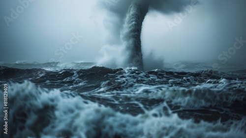 In the midst of a stormy sea a massive water spout towers above the waves a force to be reckoned with. photo