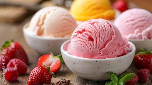 Three bowls of ice cream with strawberries and raspberries on a wooden table