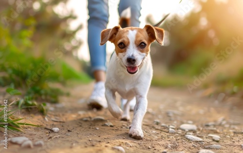 Person walking a happy Jack Russell Terrier on a sunny day.