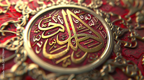 Ruby Red and Gold Arabic Design A vibrant 3D realistic Arabic design in ruby red and gold, showcasing intricate Islamic artistry.