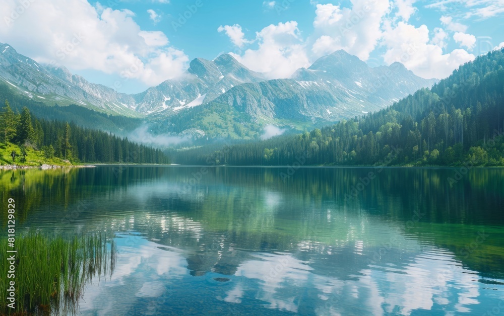 Pristine mountain lake with reflections and surrounding pine forests.