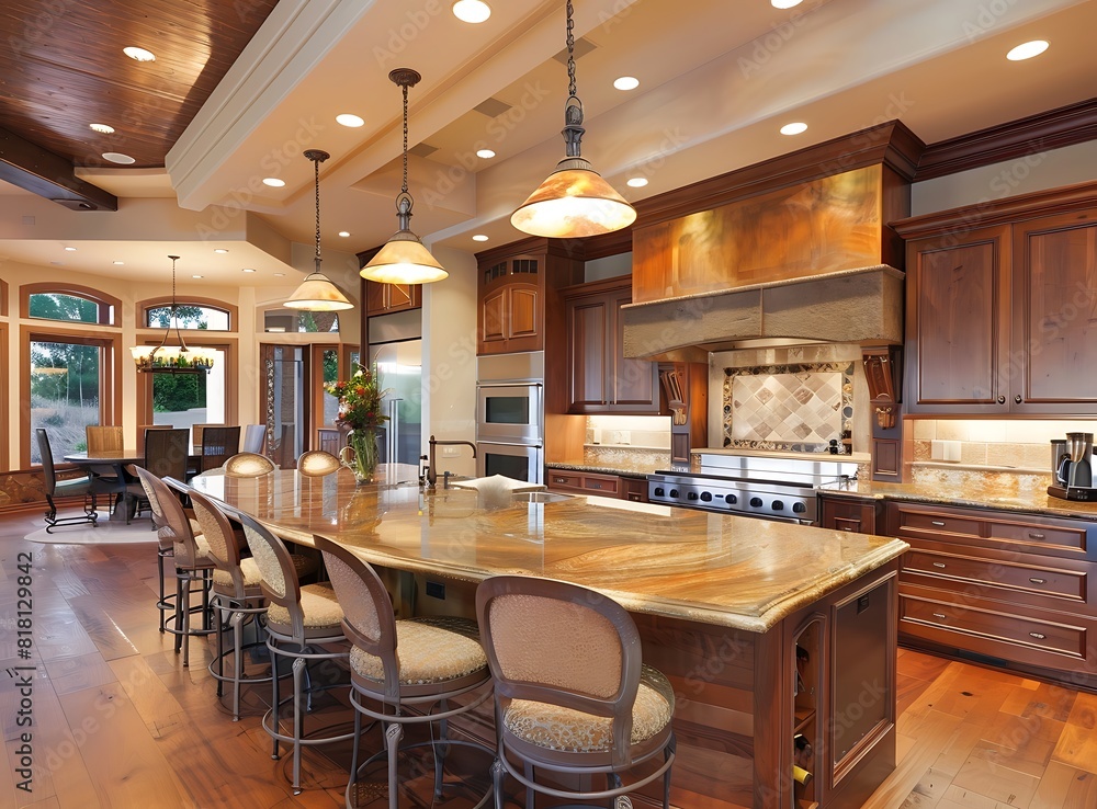 Large kitchen in luxury home with island and refrigerator stock photo