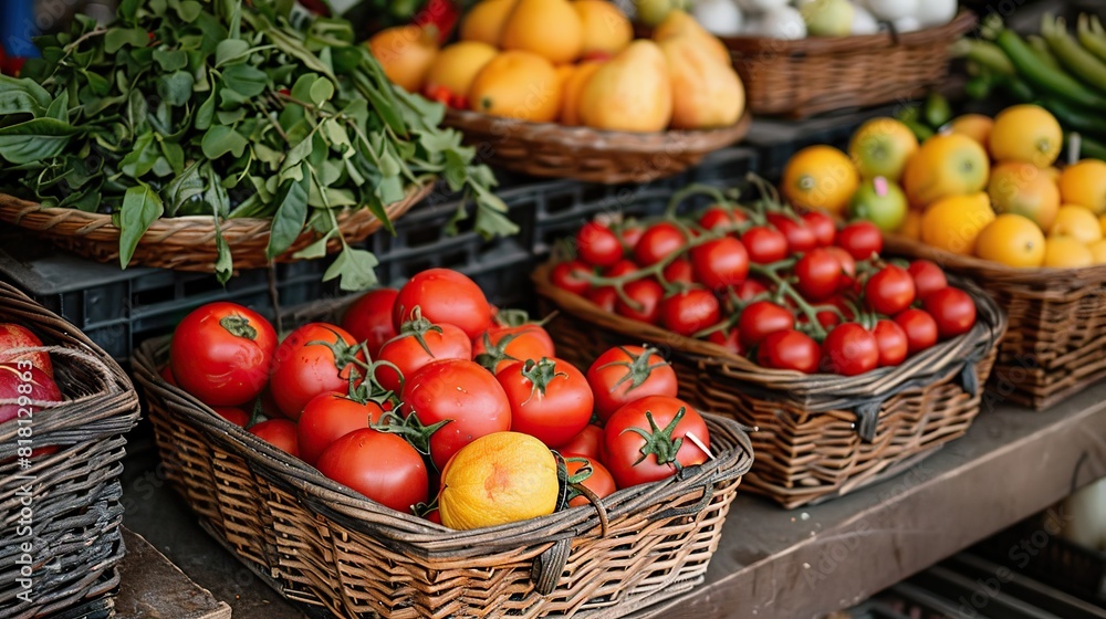 A farmer's market stand with baskets of fresh fruits and vegetables. A farmer's market stand with baskets of fresh fruits and vegetables.