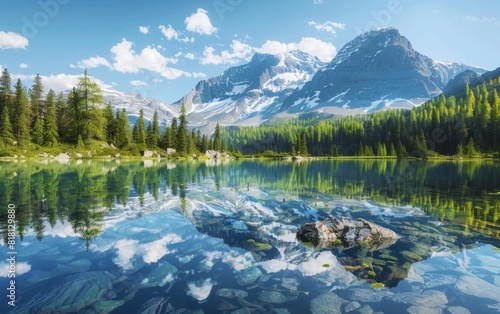 Pristine mountain lake with reflections and surrounding pine forests.