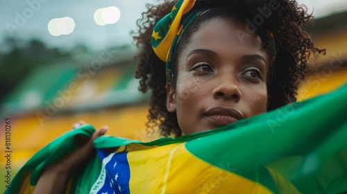 Anxious young Brazilian soccer fan, a black woman, holding Brazil flag, watching the match.