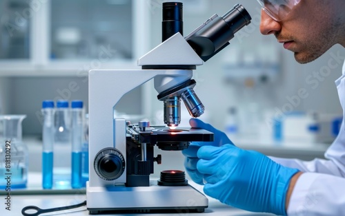 Scientist examining specimen under microscope in laboratory. photo