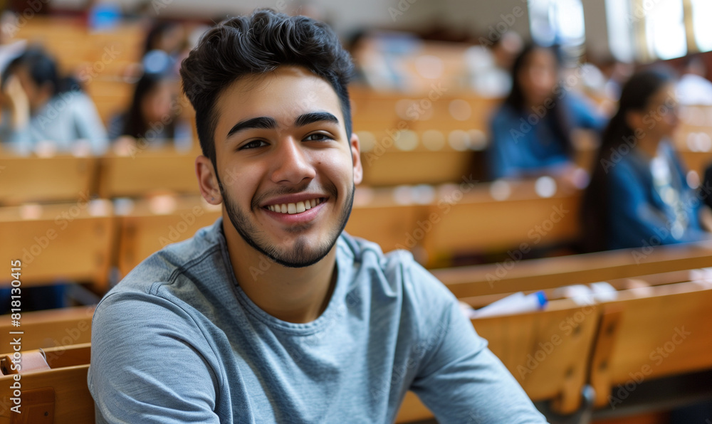 A Latino student, with a smile on his face, takes his seat in a university lecture hall. A Latino student, with a smile on his face, takes his seat in a university lecture hall.