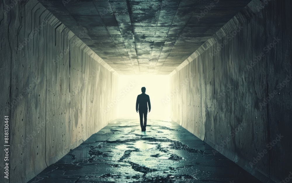 Silhouette of a man walking through a stark concrete tunnel towards light.