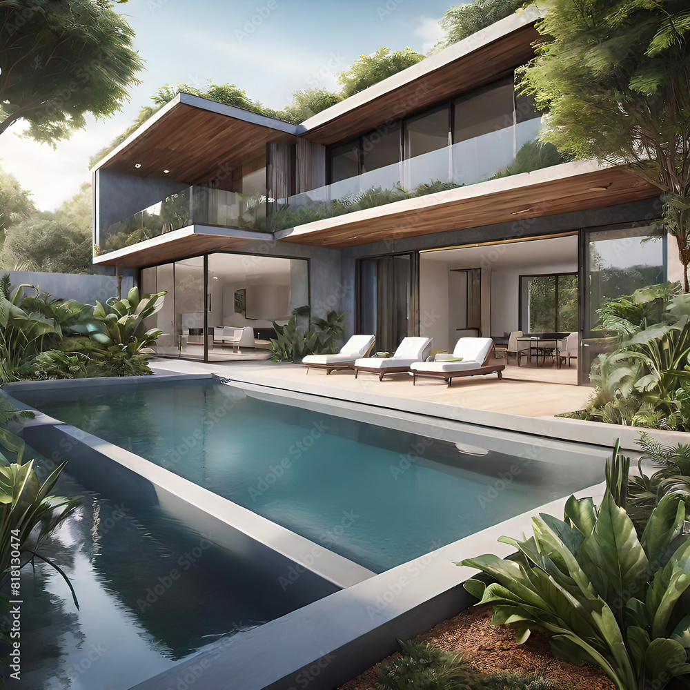 Fototapeta premium exterior design, beautiful 2-storey house, modern architectural style, high-quality exterior design, swimming pool, vegetation, concrete,