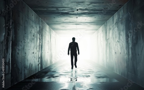 Silhouette of a man walking through a stark concrete tunnel towards light.