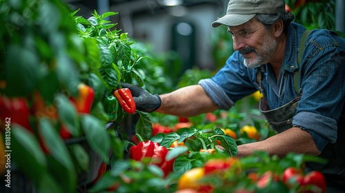 A farmer inspecting a row of healthy pepper plants.