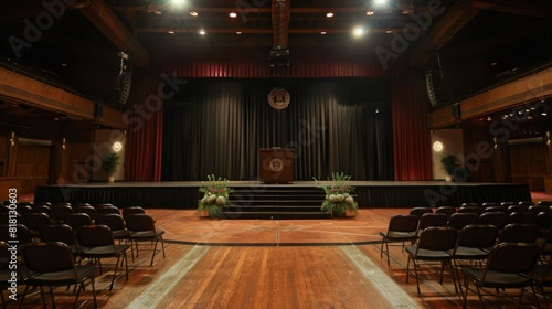 Deserted auditorium showcasing rows of empty chairs facing a vacant stage under dim lighting.