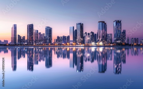 Skyline at dusk with mirror-like water reflections under a clear sky.