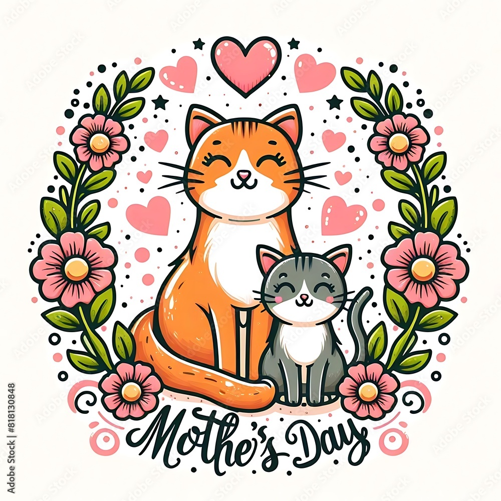 A cat and kitten in a wreath of flowers realistic image attractive.