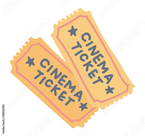 Cinema tickets in flat design. Paper documents for movie theatre entrance. Vector illustration isolated.