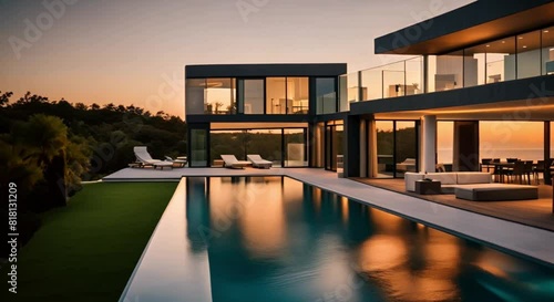 exterior of modern minimalistic coastal cubic villa with swimming pool at sunset