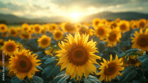 Close-up of some sunflowers in a sunflower field at sunset. Copy space  Wallpaper.