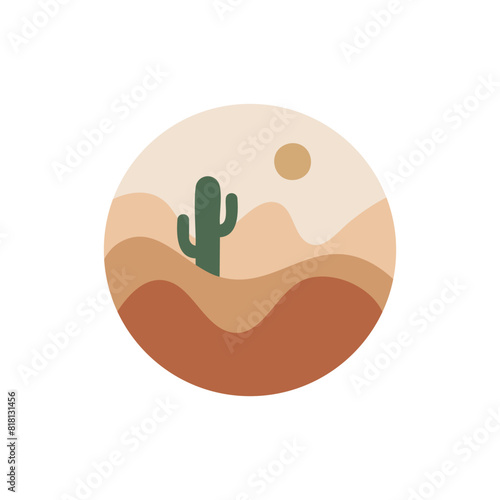 Desert landscape with cactus and sun in the shape of a circle