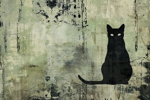 Blank wall in a black cat theme with muted black  white  and green colors  featuring subtle black cat outlines Ideal for adding mysterious and spooky Halloween decor