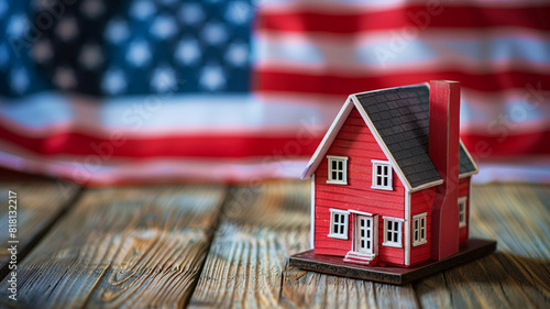 A house model on a wooden table with an American flag.