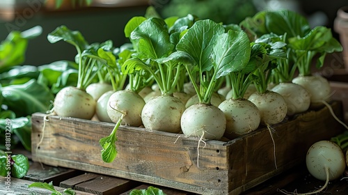 A close-up of freshly harvested turnips with their greens. photo