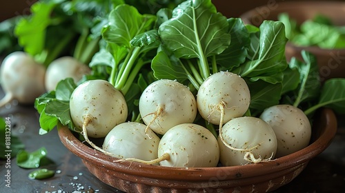 A close-up of freshly harvested turnips with their greens. photo
