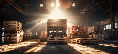 An industrial storage space housing pallets and crate