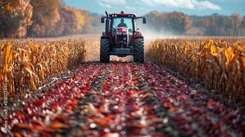A farmer driving a tractor through a field of corn.